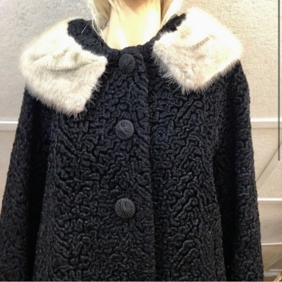 Vintage, Genuine Miracurl, Black Persian Lamb with Gray Collar Dress Coat  (L) - Picture 2 of 12